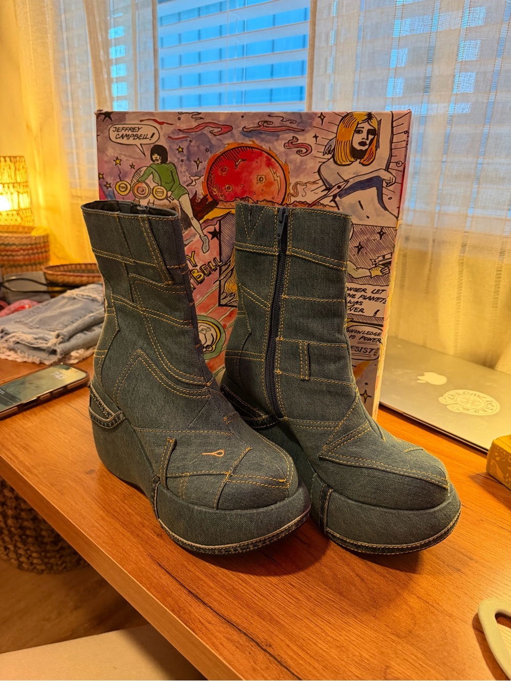 Jeffrey Campbell Denim Paneled Platform Ankle Boots in Blue - Picture 5 of 9